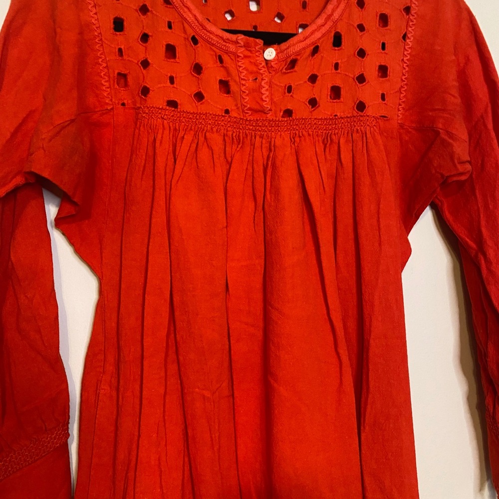 Madewell Eyelet Yoke Tassel Cuff Linen Blend Mini Dress Orange Red F0952 XXS - Picture 2 of 8